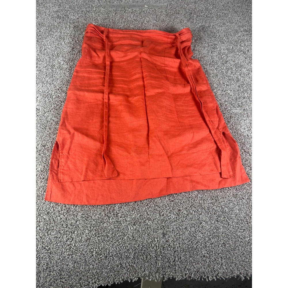 Catherine Malandrino Orange 100% Linen Tie Waist Skirt Size L High Low Slit